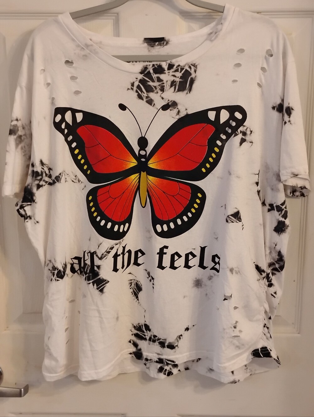 On Fire White Short Sleeve Tee with Red-Orange Butterfly Graphic, Size: 2X